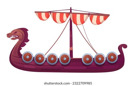 Traditional Viking ship drakkar isolated on white background. Ancient Nordic war and trade boat with sails, shields and dragon-headed prow. Old wooden longboat icon. Cartoon vector illustration.