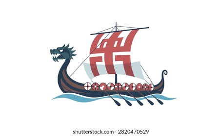 Traditional viking ship sailing on blue ocean waves with dragon figurehead and patterned red sail.