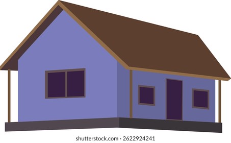 Traditional Village Hut Vector Illustration – Rural House with Slanted Roof, Wooden Posts, and Purple Walls for Architecture Design, Farm Shelter, Countryside Housing, and Construction Concepts