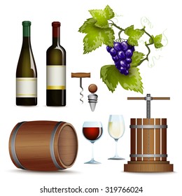 Traditional vinery farm production with  grape press and red wine bottle flat icons collection abstract vector illustration