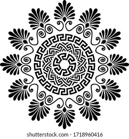 Traditional vintage black and white circle Greek ornament and floral pattern