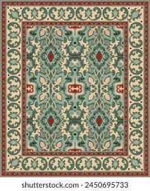 Traditional vintage carpet design. Stylized floral ornament with frame. Template for rug, textile, tapestry.