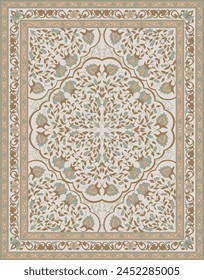 Traditional vintage carpet design. Stylized floral ornament with frame. Pastel color template for rug, textile, tapestry.