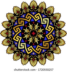 Traditional vintage gold and red circle Greek ornament and floral pattern on white background