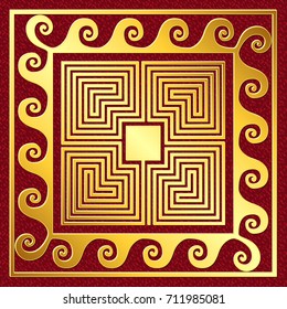 Traditional vintage Golden square Greek ornament, Meander pattern on a red background. Gold pattern for decorative tiles