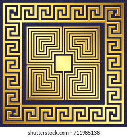 Traditional vintage Golden square Greek ornament, Meander pattern on blue background. Pattern for decorative tiles