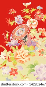 Traditional vintage kimono motifs showing flowers and an ornamental drum