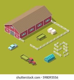 Traditional Vintage Red Farm. Vector isometric 3d