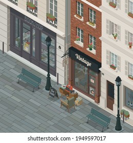 Traditional vintage shop exterior in the city street, isometric 3D illustration