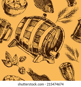 Traditional vintage tap beer bar menu seamless pattern with snacks hop barley and oak barrel vector illustration