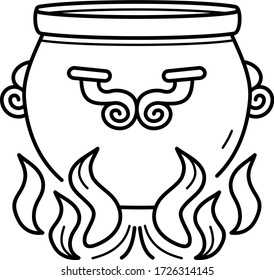 Traditional vintage tattoo symbol. Lit cauldron icon in outlines. 