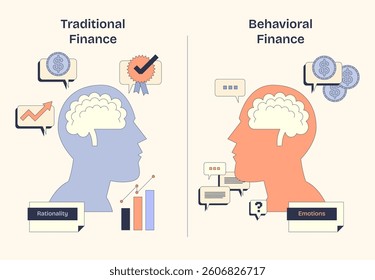 Traditional vs Behavioral Finance, Rationality vs Emotions depicted with brain icons and charts. Neubrutalism style diagram.