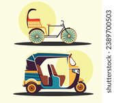 Traditional vs Modern: Illustrated Rickshaw and Auto-Rickshaw Vehicles Under the Sun - Cultural Transportation Icons