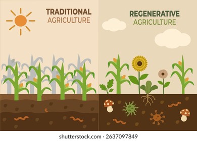 Traditional vs Regenerative Agriculture Comparison, Educational Flat Illustration for Sustainable Farming and Soil Health Awareness