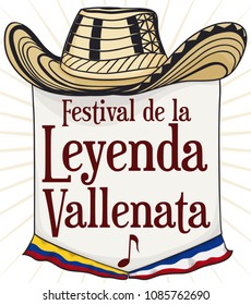 Traditional vueltiao hat and greeting sign for Vallenato Legend Festival (written in Spanish) decorated with Colombian and Valledupar's flags.