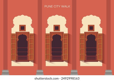 Ventanas tradicionales de Wada - Paseo por la ciudad de Pune - Ilustración de stock como archivo EPS 10