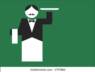 Traditional waiter holding a tray on a green background. Vector illustration.