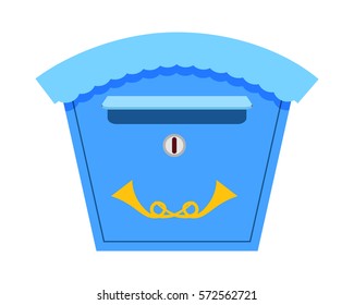 Traditional wall mounted metal mailbox with horns flat vector illustration. Vintage blue mail house for letters isolated on white background. Classic locked postal box for correspondence