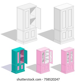 Traditional wardrobe with open and closes doors, with glass doors and racks. 3d isometric set in several color.