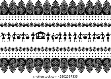 Traditional Warli-inspired tribal border pattern featuring geometric shield ornaments, decorative bands, and silhouettes of villagers carrying baskets, dancing, farming, and daily rural activities. A clean black and white ethnic illustration with a seamless horizontal composition, ideal for textile design, wallpaper, wrapping paper, packaging, stationery, home decor, backgrounds, cultural projects, surface pattern design, and commercial stock illustrations. Isolated on a white background with a minimalist folk art aesthetic.