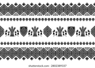 Traditional Warli-inspired tribal border pattern featuring geometric shield ornaments, decorative bands, and silhouettes of villagers carrying baskets, dancing, farming, and daily rural activities. A clean black and white ethnic illustration with a seamless horizontal composition, ideal for textile design, wallpaper, wrapping paper, packaging, stationery, home decor, backgrounds, cultural projects, surface pattern design, and commercial stock illustrations. Isolated on a white background with a minimalist folk art aesthetic.