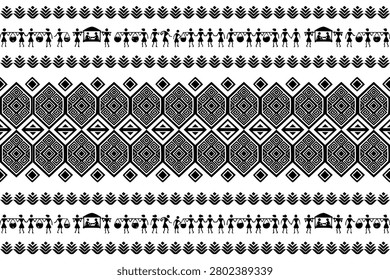 Traditional Warli-inspired tribal border pattern featuring geometric shield ornaments, decorative bands, and silhouettes of villagers carrying baskets, dancing, farming, and daily rural activities. A clean black and white ethnic illustration with a seamless horizontal composition, ideal for textile design, wallpaper, wrapping paper, packaging, stationery, home decor, backgrounds, cultural projects, surface pattern design, and commercial stock illustrations. Isolated on a white background with a minimalist folk art aesthetic.