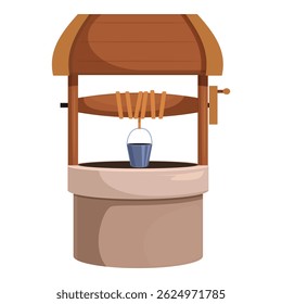 Traditional water well made of stone and wood with a metal bucket hanging from a rope