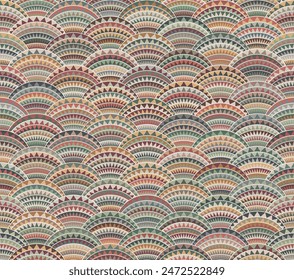 Traditional wave design decorated with multicolored triangles in a contemporary ethnic style. Colorful wavy lines on a white background. Abstract geometric style. Seamless repeating pattern.