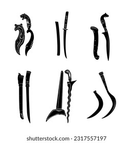 Armas tradicionales de indonesia, diseño vectorial negro y blanco, símbolo, silueta