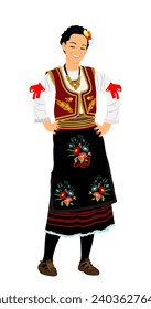 Traditional wear folklore dancer girl from Serbia play kolo dance vector illustration isolated background. Balkan culture female vintage dress woman from Europe. Smiling lady dancing in heritage dress