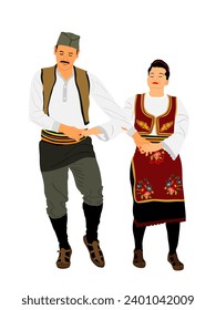 Traditional wear folklore dancers couple from Serbia play kolo dance vector illustration isolated on background. Balkan culture vintage dress dancers from Europe. Man and woman dancing holding hands.