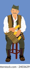 Traditional wear folklore Serbia old man with mustache sitting and crown corn by hands vector illustration isolated. Balkan culture grandfather vintage heritage dress. Veteran warrior in shack opans.