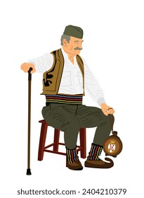 Traditional wear folklore Serbia old man sitting on chair with stick vector illustration isolated. Balkan culture grandfather vintage heritage dress male East Europe. Veteran warrior in shack, opans.