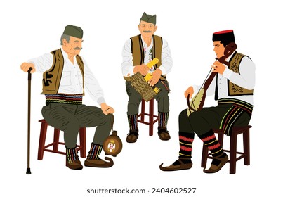 Traditional wear folklore Serbia old man sitting vector illustration. Balkan culture grandfathers vintage dress male villager friends shelling corn cob by hands farm listening guslar play gusle music.