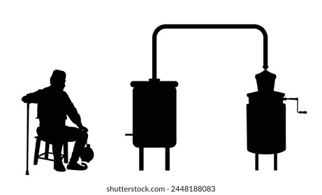 Traditional wear folklore Serbia old man sitting on chair with stick vector silhouette isolated. Balkan culture. Grandfather distillery for brandy production, alcohol beverages distillation process.