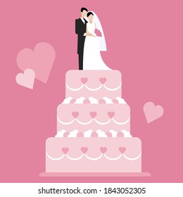 Traditional wedding cake against pink background decorated with hearts and ribbons with bride and groom on top 