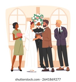 Traditional wedding ceremony in church with priest for happy loving bride and groom cartoon scene. Christian sacred ritual for young family creation vector illustration. Romantic performance of love