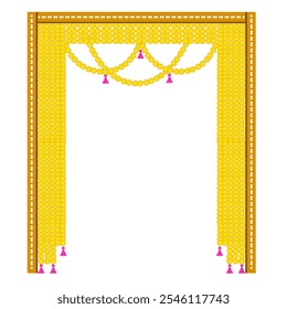 Traditional wedding decorative elements, floral toran binding setup backdrop decor with colorful tassle hangings for Indian haldi mehendi sangeet maayra bhaat ceremony functions
