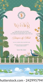 Traditional wedding invitation card design. Mughal Garden, Water lily and swan in a beautiful lake illustration for invitation.