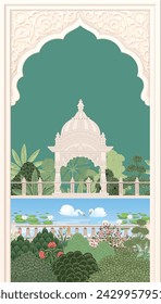 Traditional wedding invitation card design. Mughal Garden, Water lily and swan in a beautiful lake illustration for invitation.