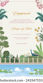 Diseño tradicional de la tarjeta de invitación de boda. Jardín mogol, lirio de agua y cisne en una hermosa ilustración del lago para invitación.