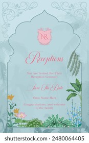 Diseño tradicional de la tarjeta de invitación de boda. Invitación de boda de Rajasthani Jaipuri. Diseño de tarjeta de invitación de Boda mogol.