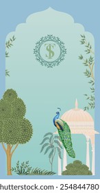 Traditional wedding invitation card design. Mughal garden arch peacock Wedding Invitation Card Design.