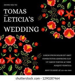 Traditional Wedding Invite Card Template Vector. Flowers Ornament Save The Date Design Or Party Invitation. Polish Folk Pattern On Black Background.