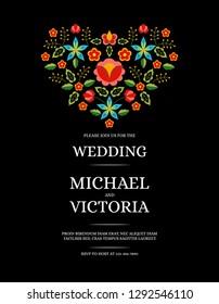 Traditional wedding invite card template vector. Flowers heart save the date design or party invitation. Polish folk pattern on black background.
