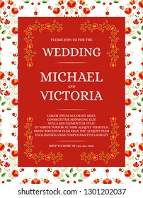 Traditional wedding invite card template vector. Red flowers ornament save the date design or invitation party. Polish folk pattern on white background.