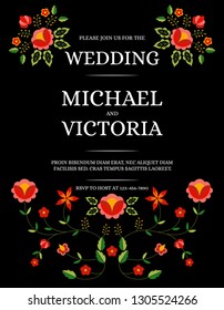 Traditional wedding invite card template vector. Floral embroidery save the date design or party invitation. Polish folk pattern on black background.