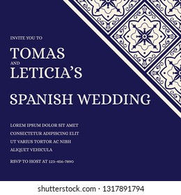Traditional wedding invite card template vector. Ethnic tile pattern with white and navy blue background. Sicily save the date design or summer invitation party. 