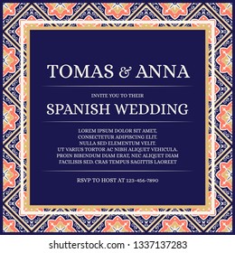 Traditional wedding invite card template vector. Ethnic tile pattern with summer coral, blue and gold background. Majolica save the date design or summer invitation party. 