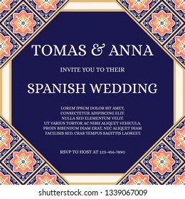 Traditional wedding invite card template vector. Ethnic tile pattern with summer coral, blue and gold background. Azulejos save the date design or summer invitation party. 